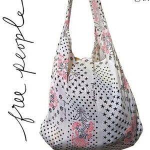 Free People Floral Polka-Dot Star Print Gauzy Linen Shopping Tote Bag